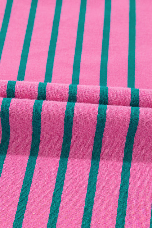 Rose Stripe Collared V Neck Puff Sleeve Shift T Shirt Dress with Pockets